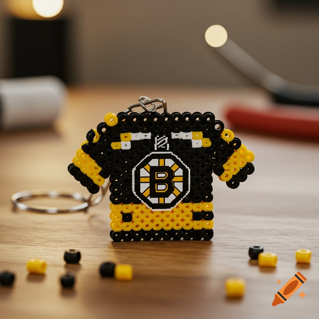 A close-up, photorealistic image of a Boston Bruins hockey jersey keychain made from black, yellow, and white perler beads on a wooden surface.