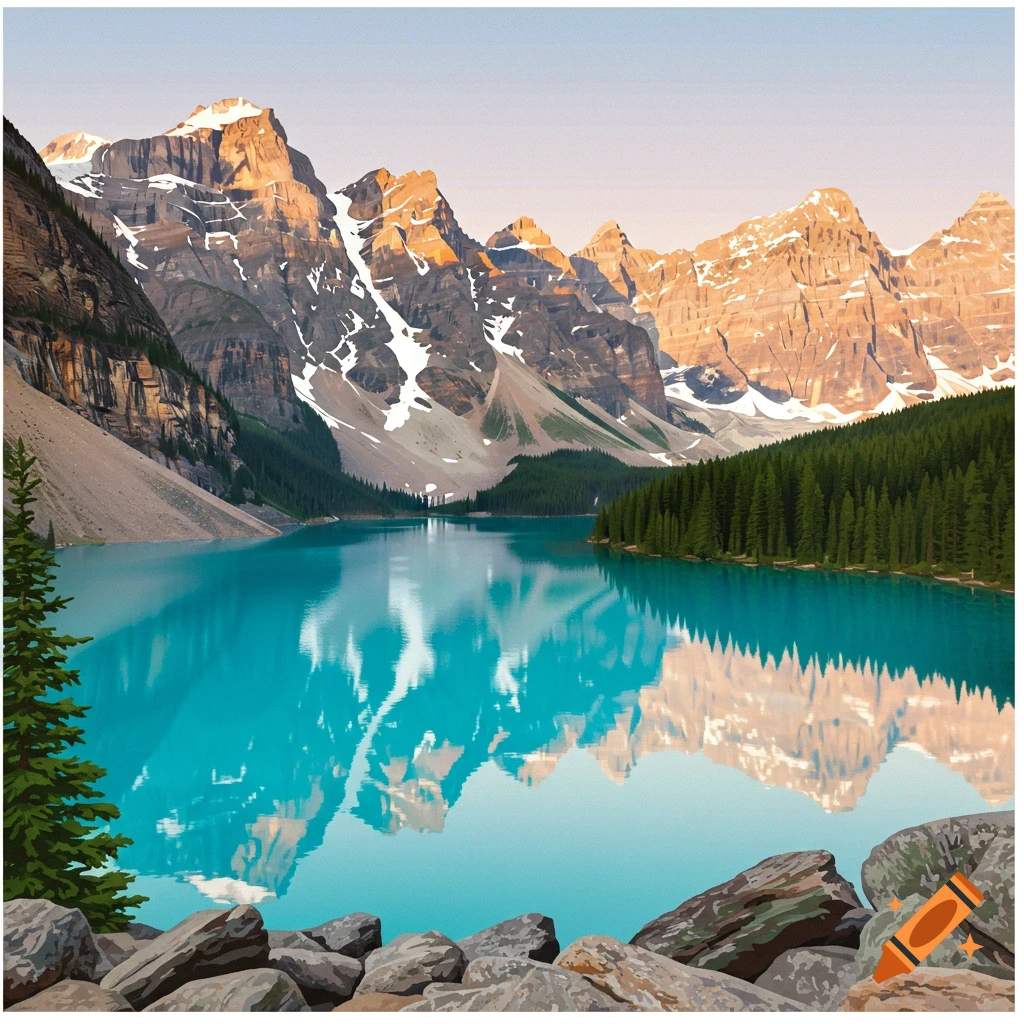 A vibrant paint-by-number style illustration of Moraine Lake, with turquoise water reflecting snow-capped mountains and green pine forests.