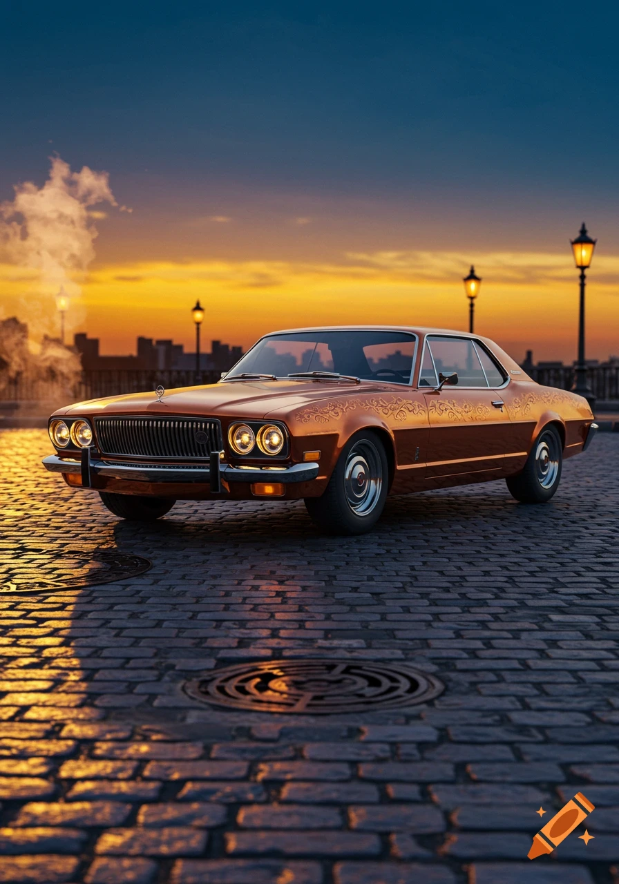 A photorealistic image of a vintage copper car parked on a cobblestone street at sunset with city lights in the background.