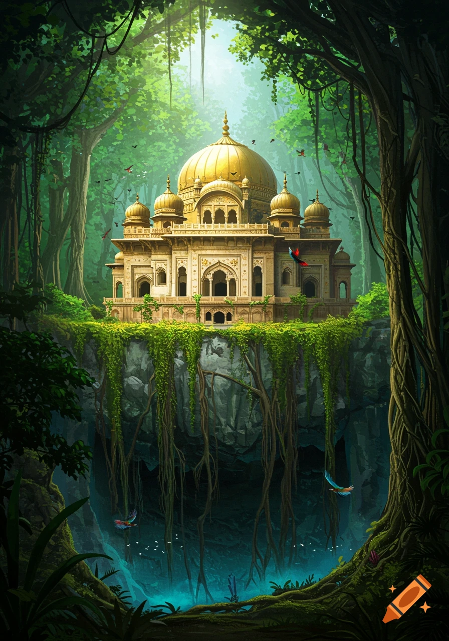 A vibrant illustration of a golden domed Mughal-style palace on a cliff, surrounded by lush jungle with roots dropping into a glowing cave below.