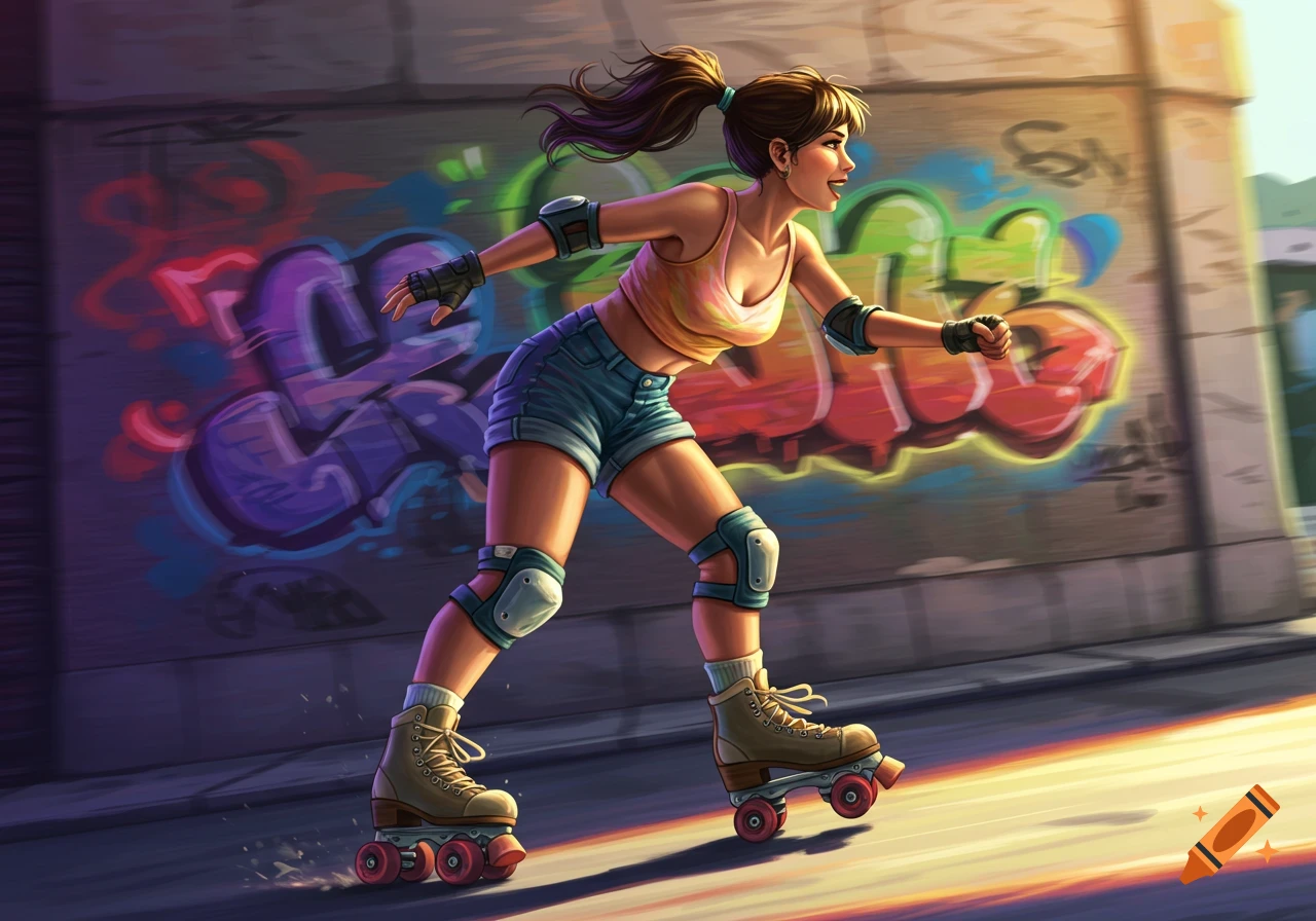 A vibrant illustration of a young woman rollerblading down a street with graffiti-covered walls in the background.
