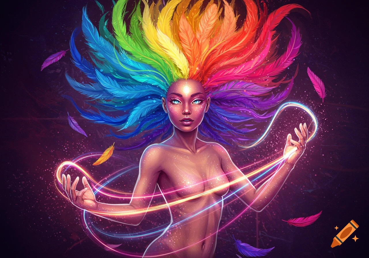 A woman with vibrant rainbow feather hair, glowing skin, and luminous blue eyes, holding colorful glowing energy trails.