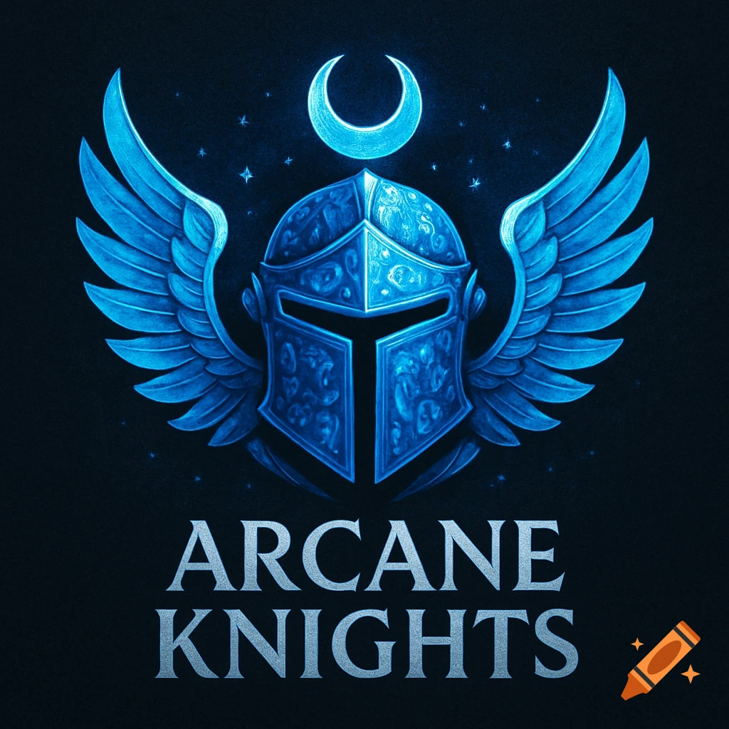 Blue knight helmet with wings and a crescent moon, above the text 'ARCANE KNIGHTS', on a dark, starry background.