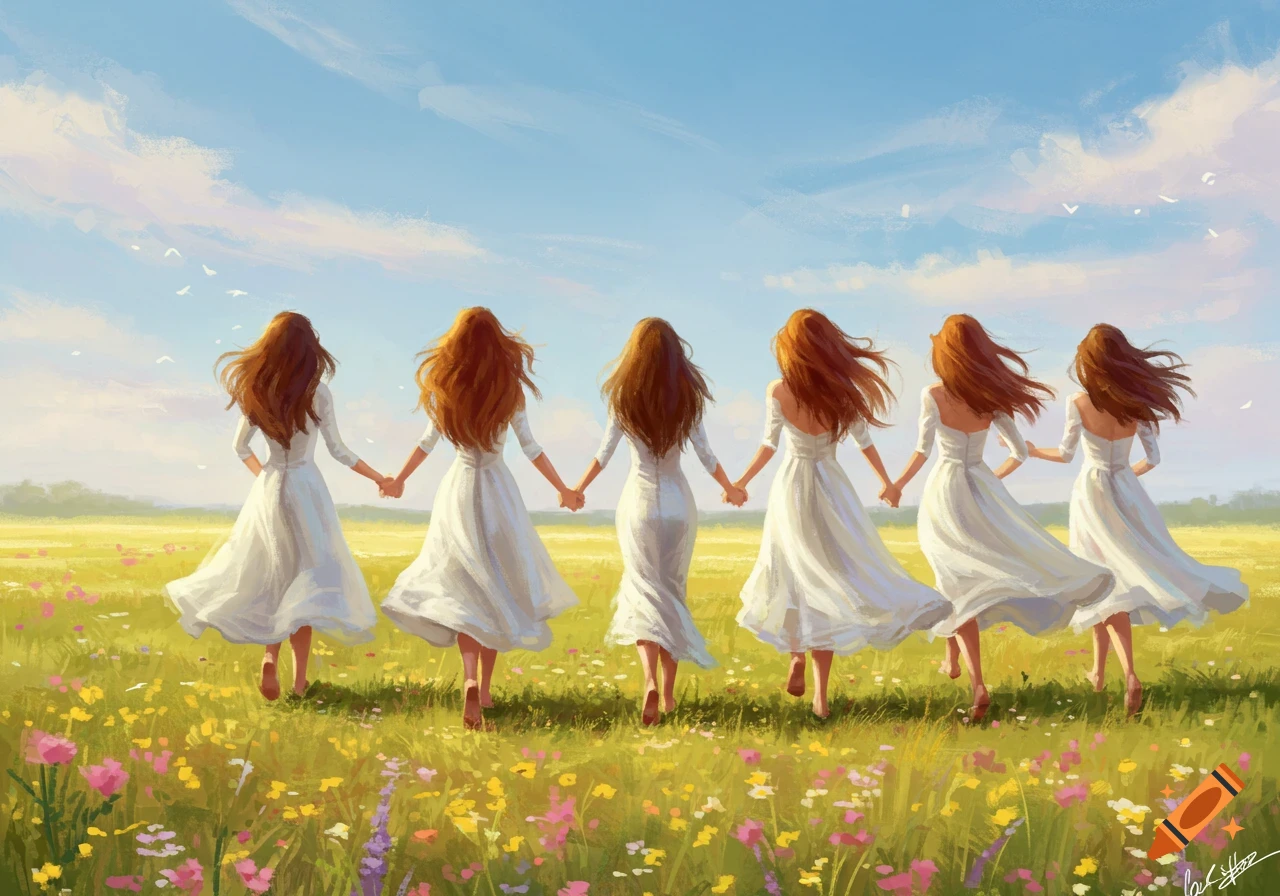 Six women with long brown hair, wearing white dresses, run hand-in-hand through a vibrant green and yellow flower field under a blue sky with white clouds.