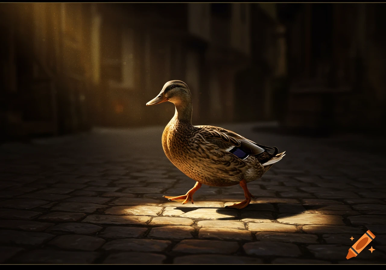 A duck walks on a cobblestone road bathed in dramatic, warm light, in the style of Rembrandt.