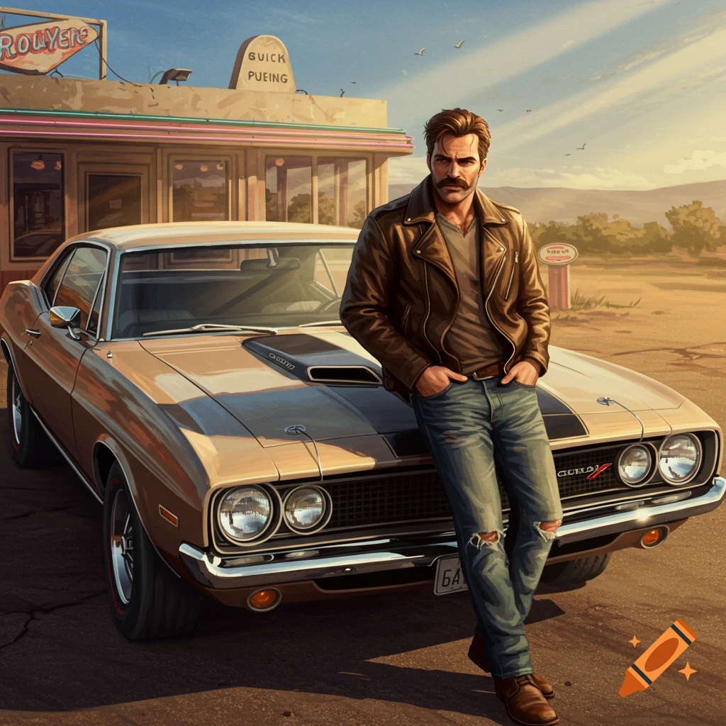 A man with a mustache and leather jacket leans on a vintage muscle car in front of a roadside diner.