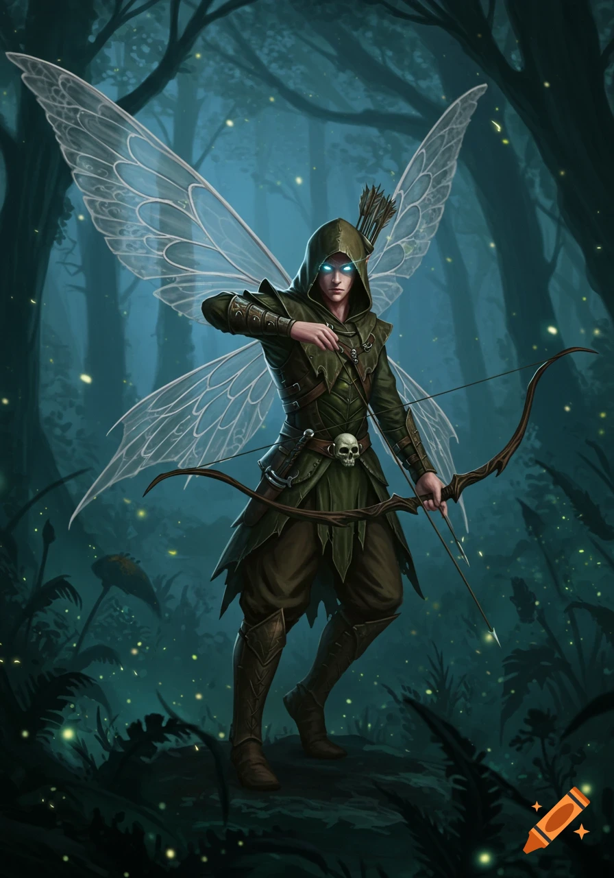 A male fairy archer with glowing blue eyes, wearing green hooded armor, holding a bow and arrow in a dark, luminous forest.