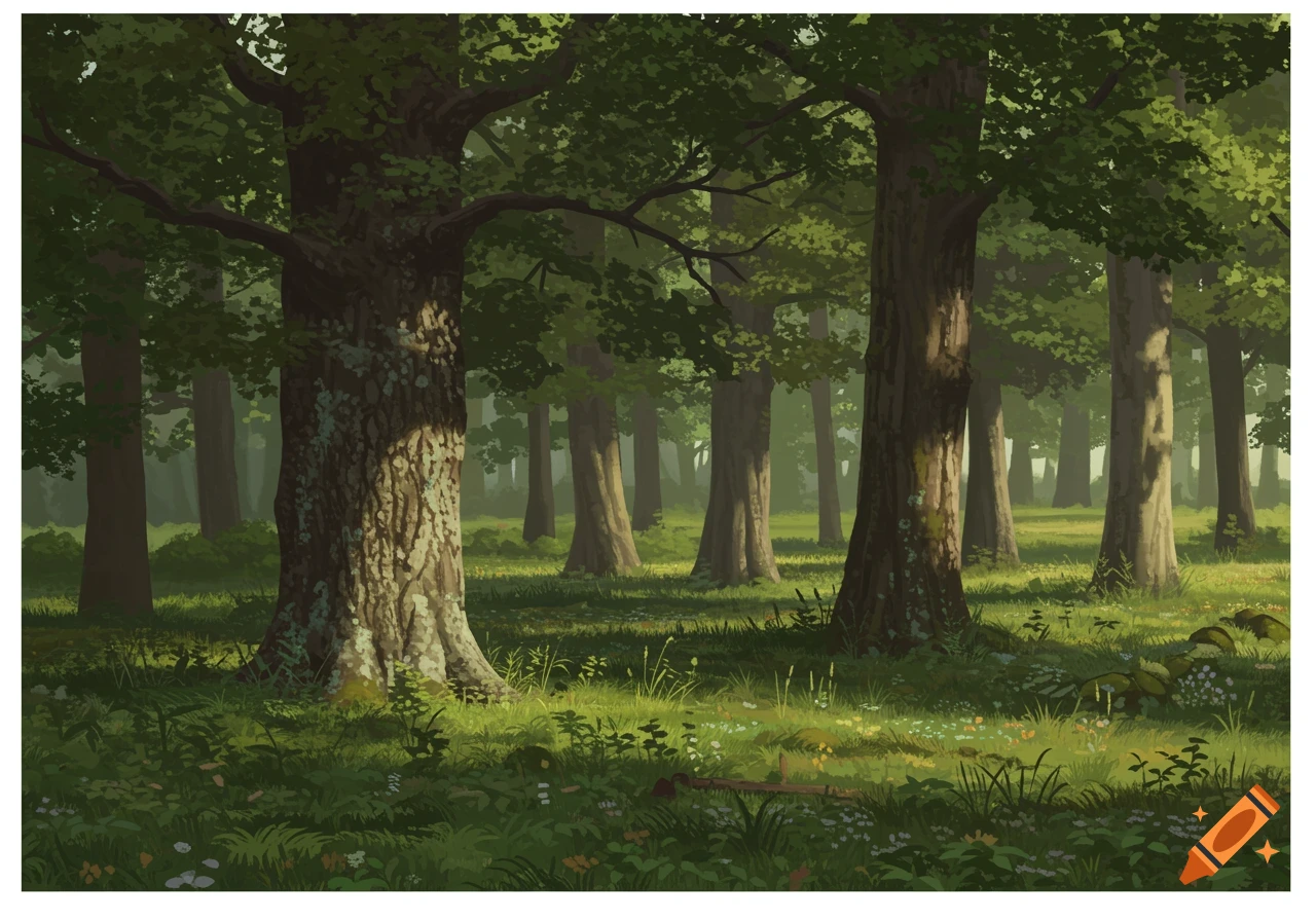 A simplified realistic illustration of a dense, green broadleaved forest with sunlight filtering through the canopy onto the grassy forest floor.