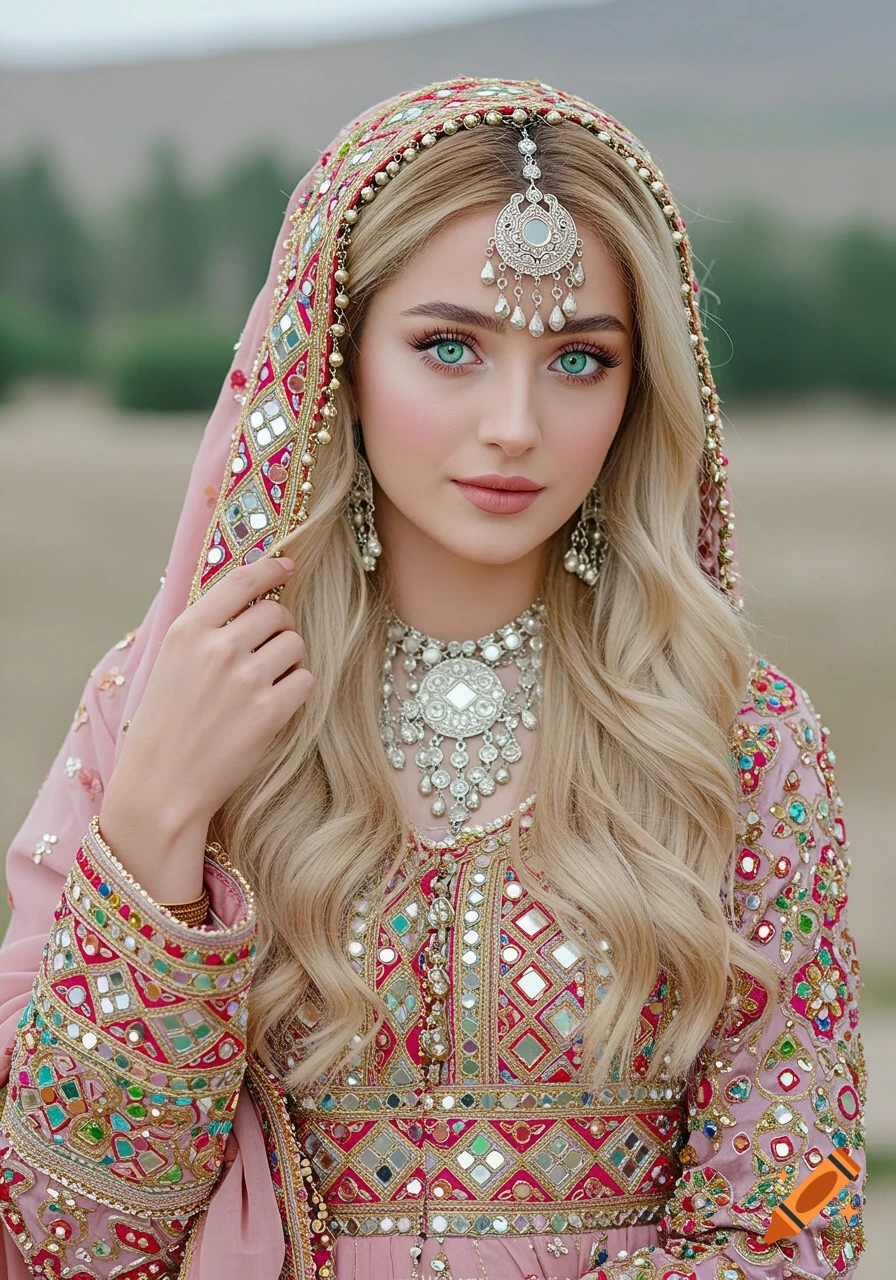 A woman with blonde hair and striking blue-green eyes wears a traditional pink Afghan dress with mirrored embroidery and silver jewelry.