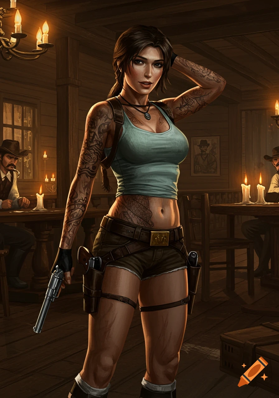Digital art of a tattooed Lara Croft in a saloon, wearing a tank top and shorts, holding a pistol.