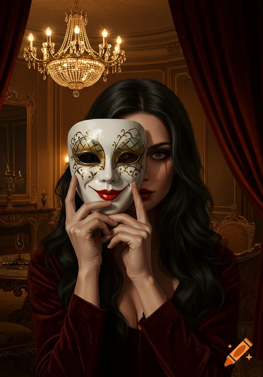 A woman with dark hair holds a smiling masquerade mask to her face in an ornate room with a chandelier.