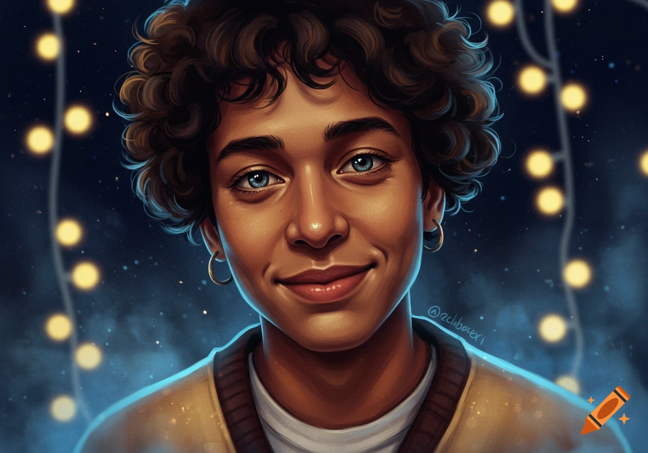 A digital art portrait of a smiling person with curly brown hair and blue eyes, surrounded by glowing fairy lights.