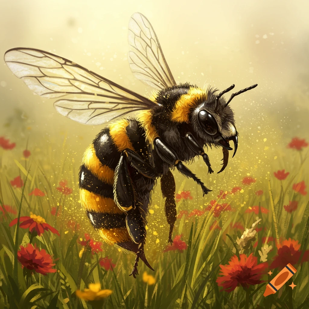 A detailed illustration of a bumblebee-like insect hovering over red and yellow wildflowers in a sunny field.