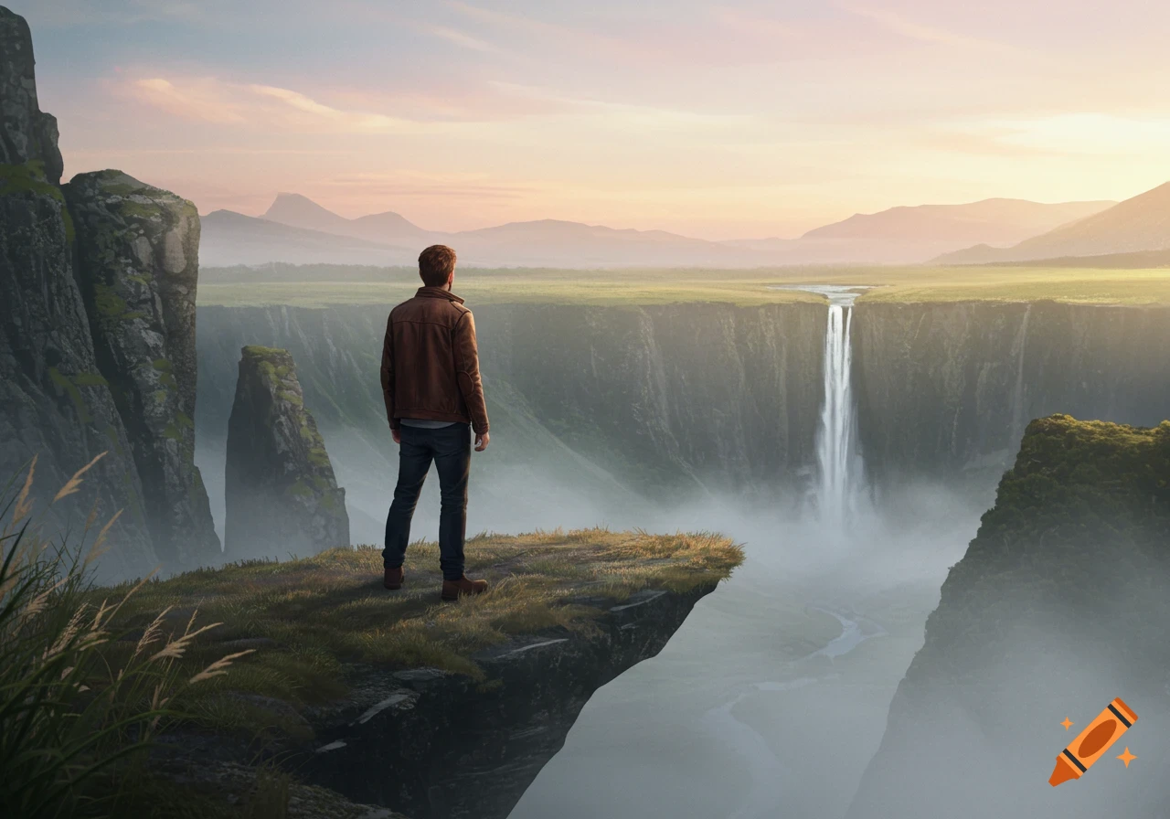 A man in a brown jacket stands on a cliff edge, looking at a tall waterfall in a vast, misty canyon at sunset.