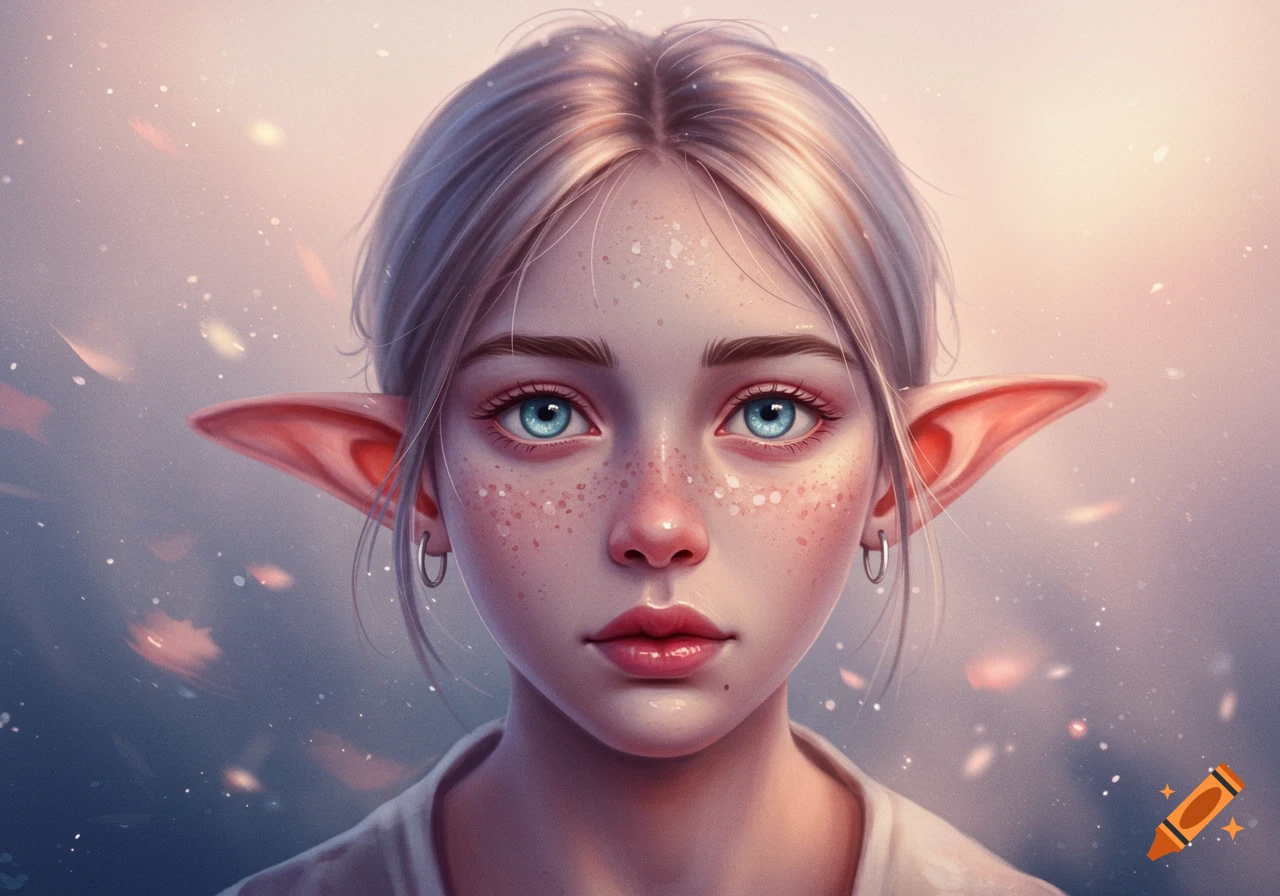 Close-up portrait of a fantasy character with blonde hair, blue eyes, freckles, and prominent elf ears against a soft, glowing background.