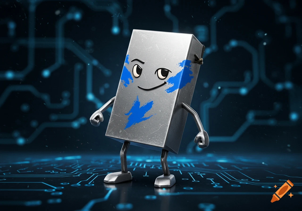 A metallic, rectangular cartoon character resembling Clippy with blue war paint stands on a glowing circuit board.