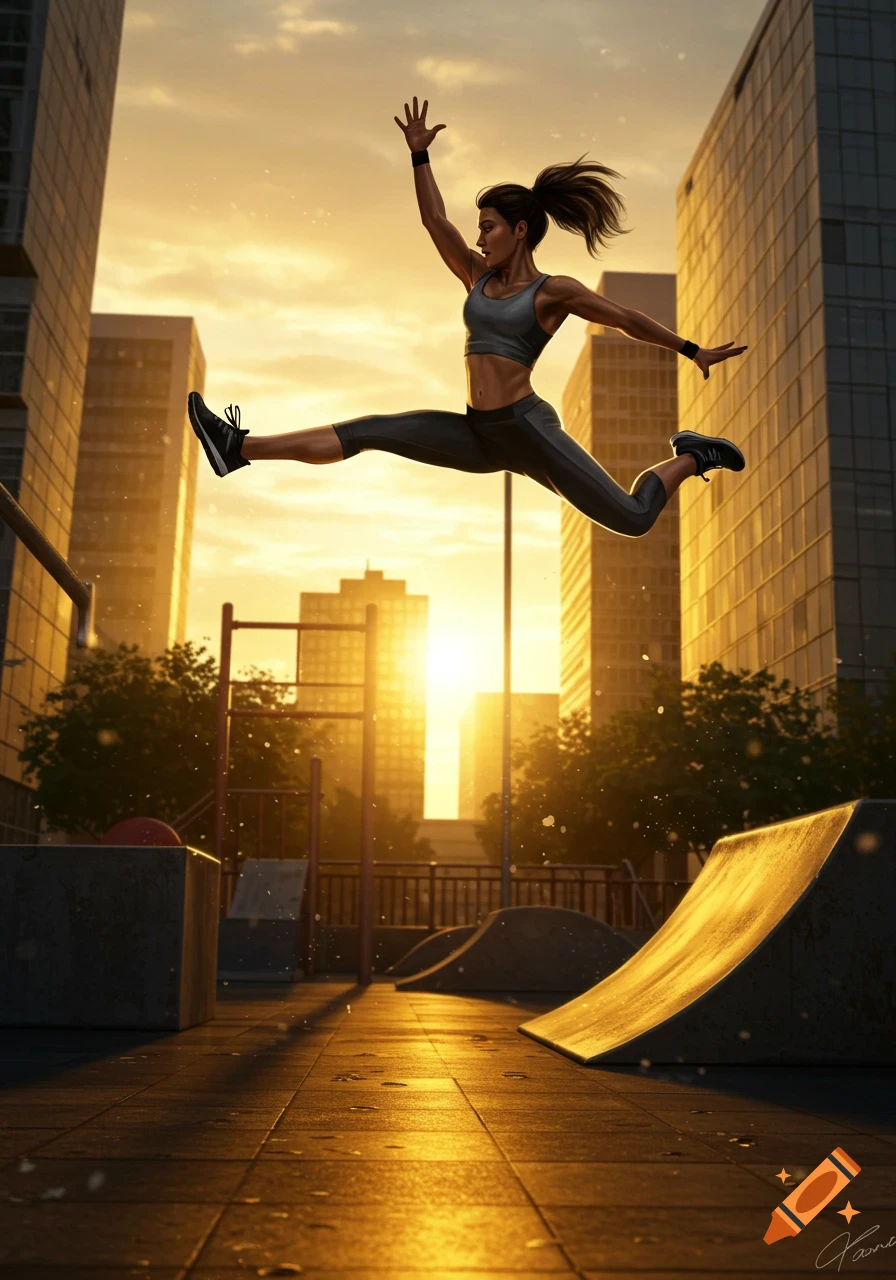 Photorealistic digital art of a woman in athletic wear leaping through the air during parkour in a city setting at sunset.