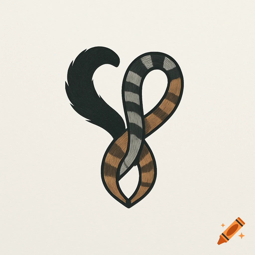 An abstract logo featuring three intertwined cat tails: one fluffy black, one grey and black striped, and one brown tabby striped.