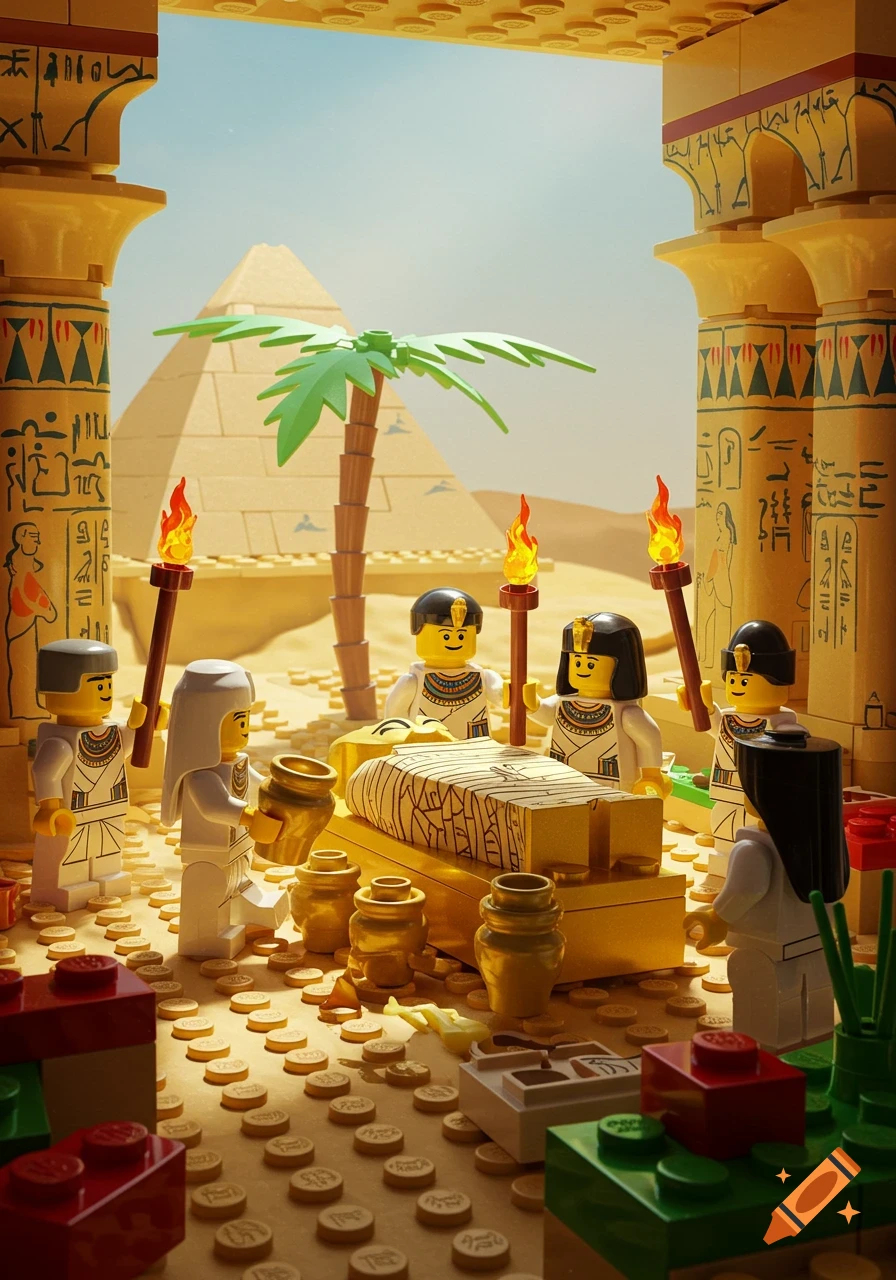 Lego figures perform a mummification ritual in an ancient Egyptian desert scene with a pyramid and hieroglyph-covered columns.