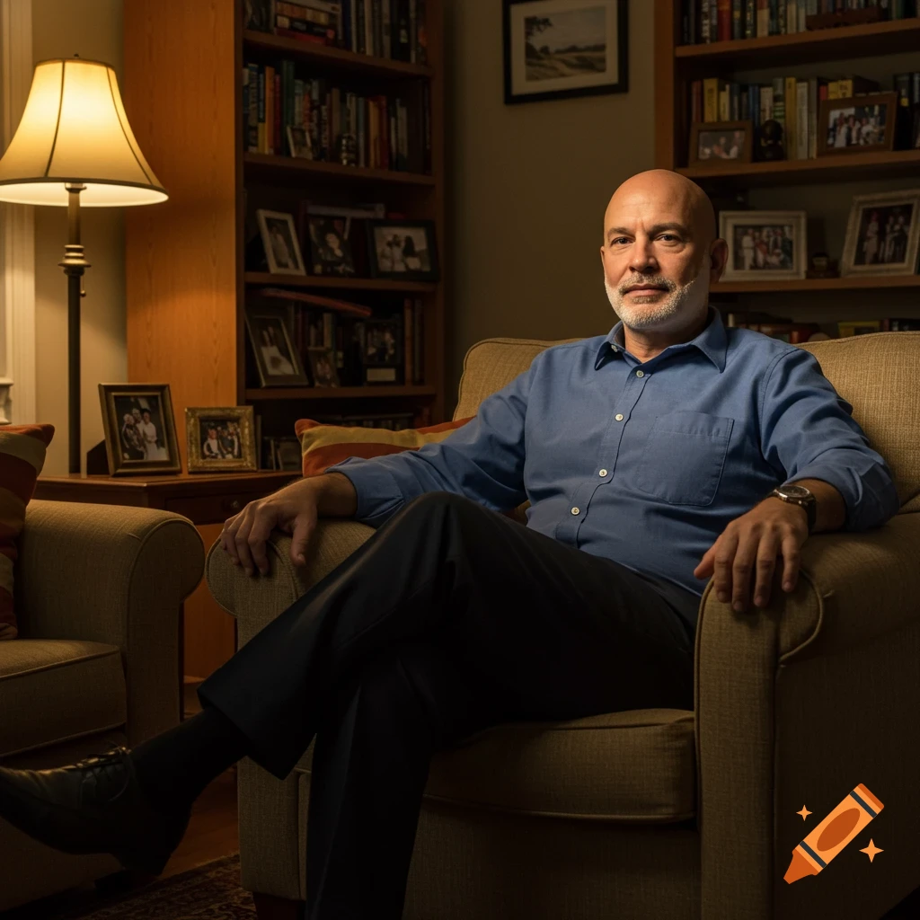 A bald man with a white beard sits in a beige armchair, lit by a lamp, with bookshelves in the background.