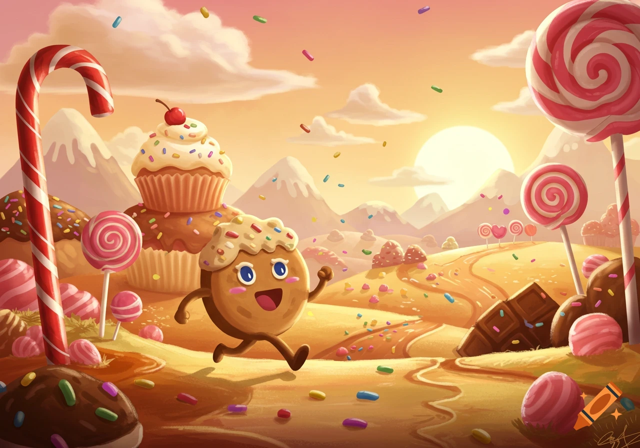 A cheerful cookie character runs through a vibrant candy land with giant lollipops, cupcakes, and chocolate, under a warm sunset.