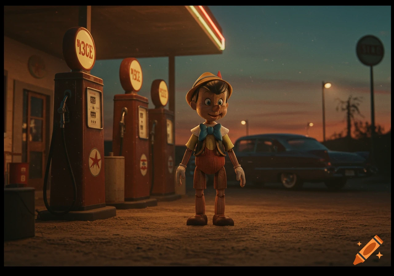 Pinocchio stands at a dusty gas station at dusk, with vintage pumps and a classic car in the background, in a cinematic rendering.