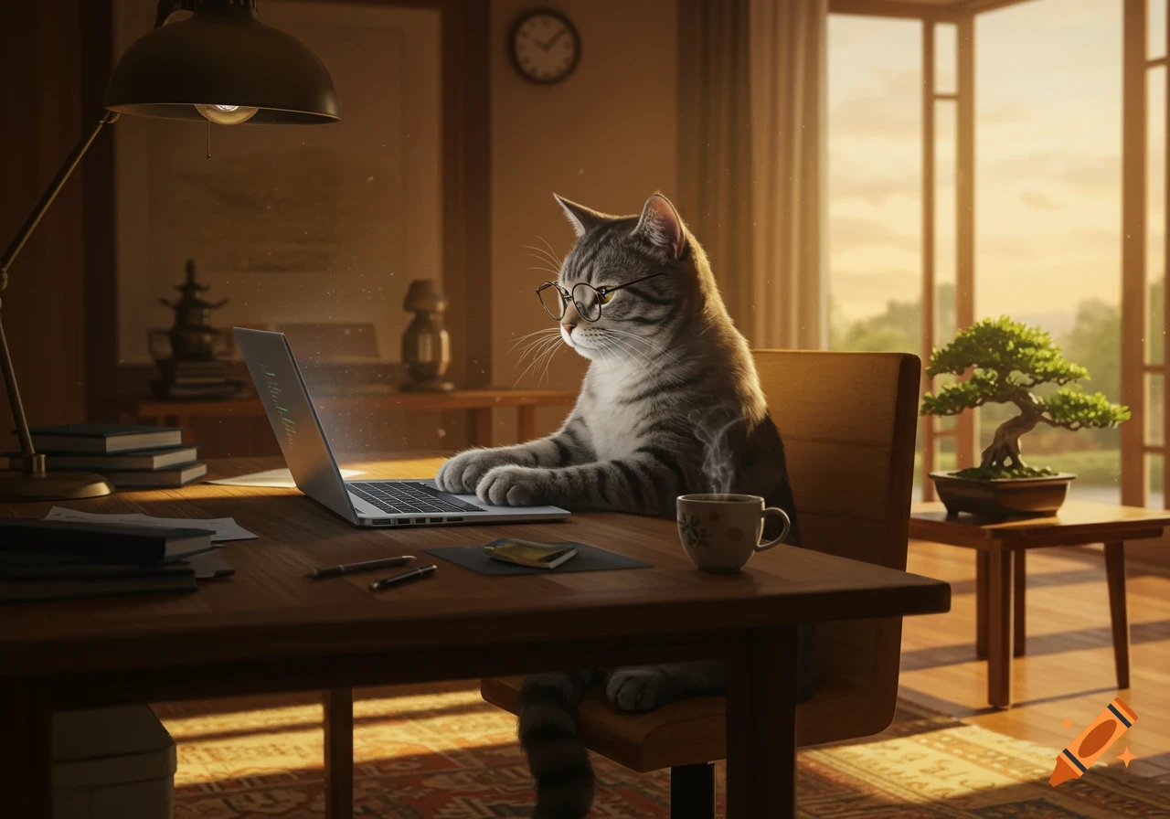 A tabby cat wearing glasses works on a laptop at a wooden desk in a sunlit room with a bonsai tree.