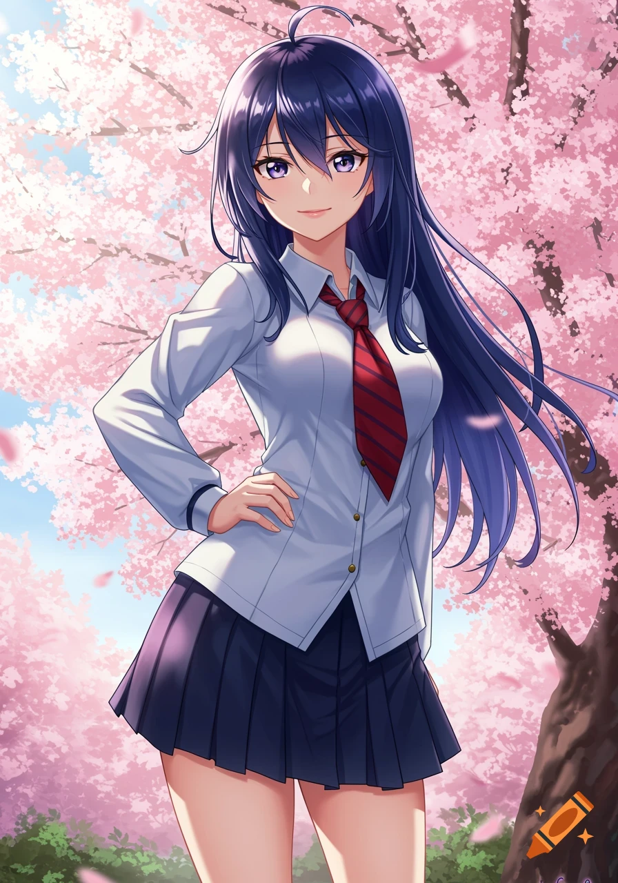 Anime girl in school uniform standing under blooming cherry blossom trees.