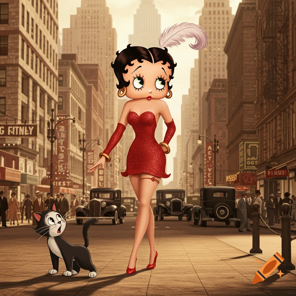 Betty Boop in a sparkling red dress with a feather in her hair strolls with a surprised black cat down a 1930s city street.