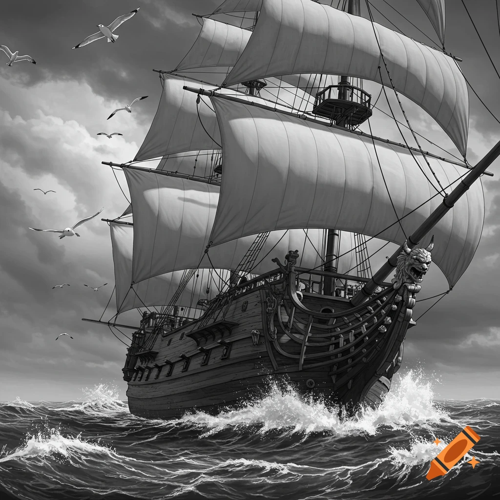 A majestic black and white pirate ship with full sails cuts through waves on a stormy sea, with seagulls flying above.