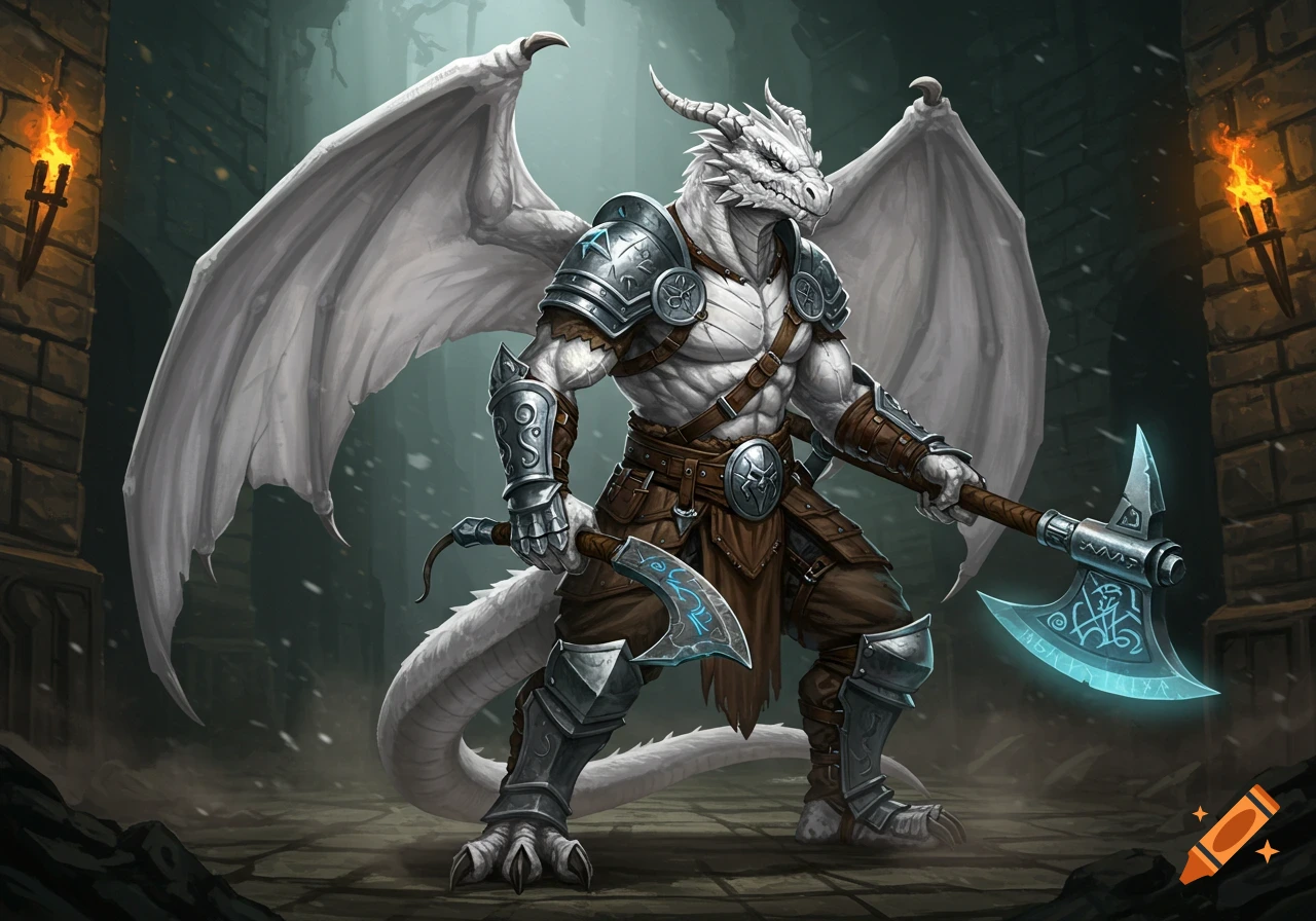A muscular white dragonborn barbarian in silver armor stands in a dungeon, holding a glowing blue axe and dagger.
