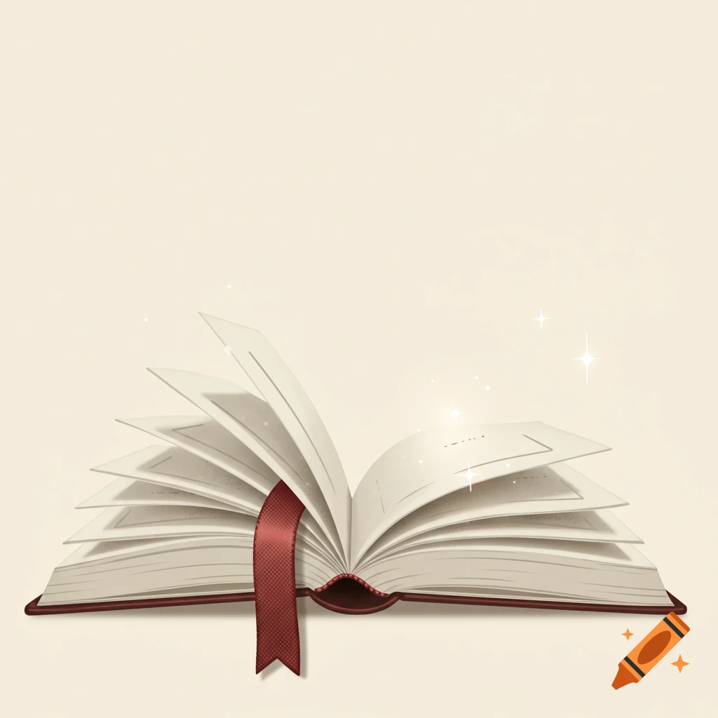 An open book with blank pages and a red ribbon bookmark, with subtle sparkle effects.