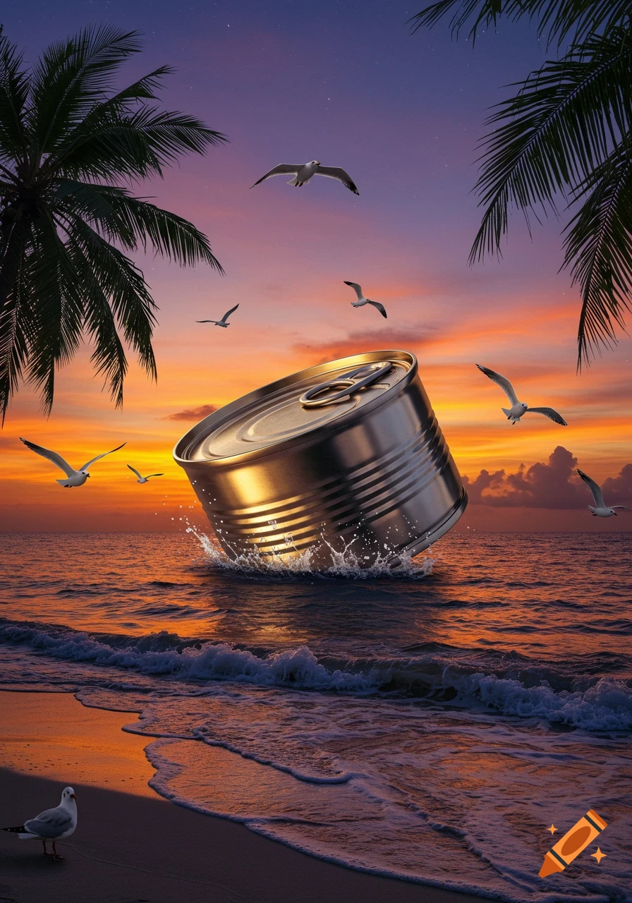 A giant golden can splashes into the ocean at sunset, with palm trees and seagulls flying above.