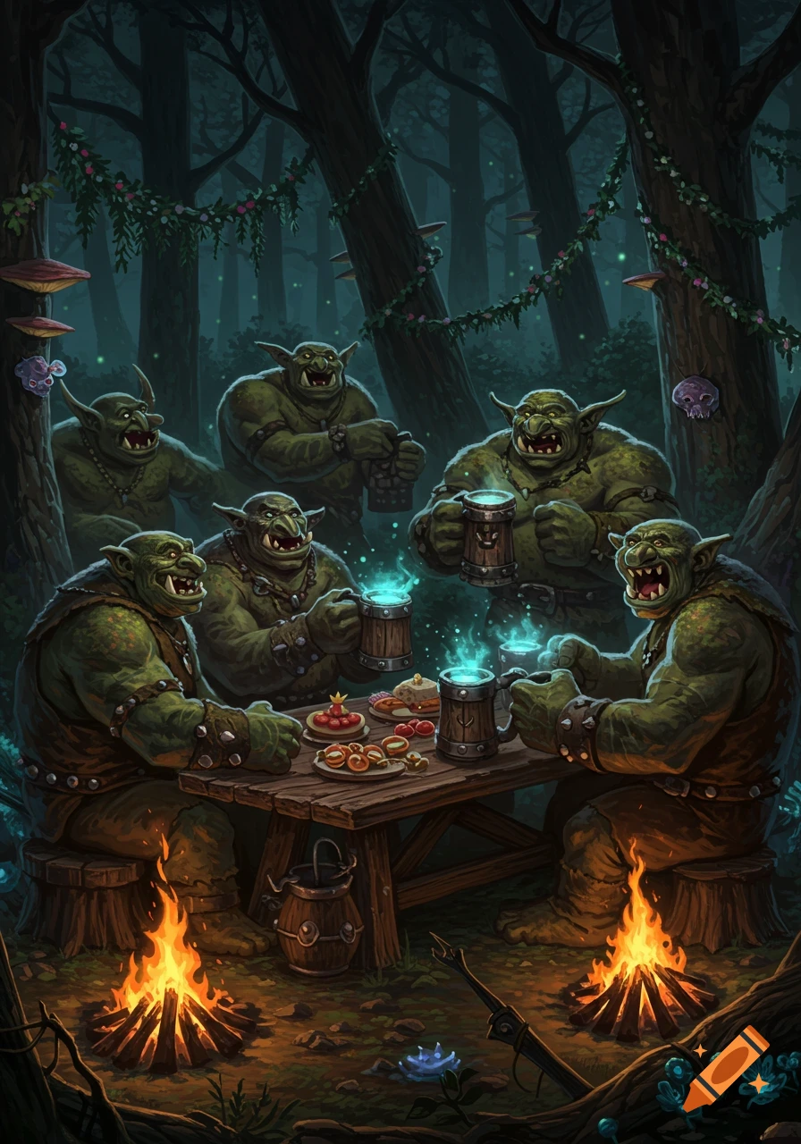 A detailed fantasy illustration of six green trolls drinking glowing beverages around a wooden table in a dark, mystical forest.