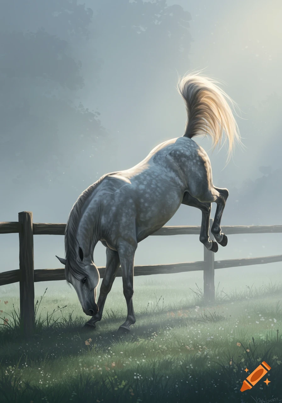 A gray horse stretches over a wooden fence in a misty, sunlit field, with its hind legs elevated.
