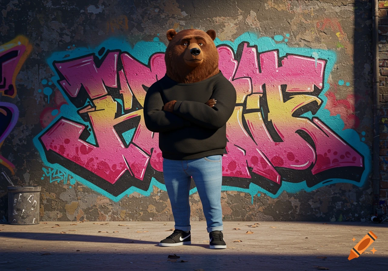 A cartoon brown bear wearing a black sweater, jeans, and sneakers stands in front of a colorful graffiti wall.