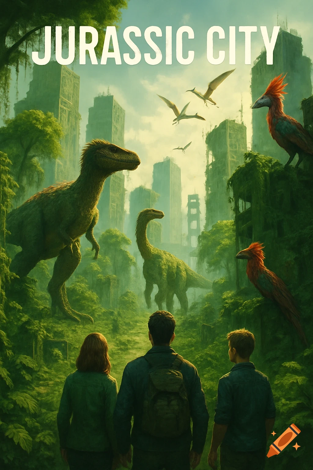 Three people observe dinosaurs in an overgrown, post-apocalyptic city, with the title 'JURASSIC CITY' at the top.