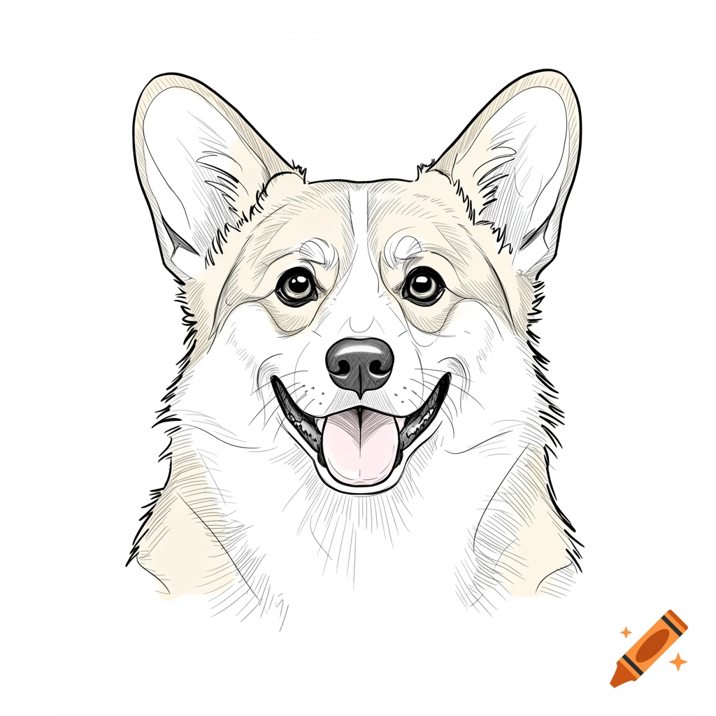 Minimalist line art portrait of a smiling corgi on a white background.