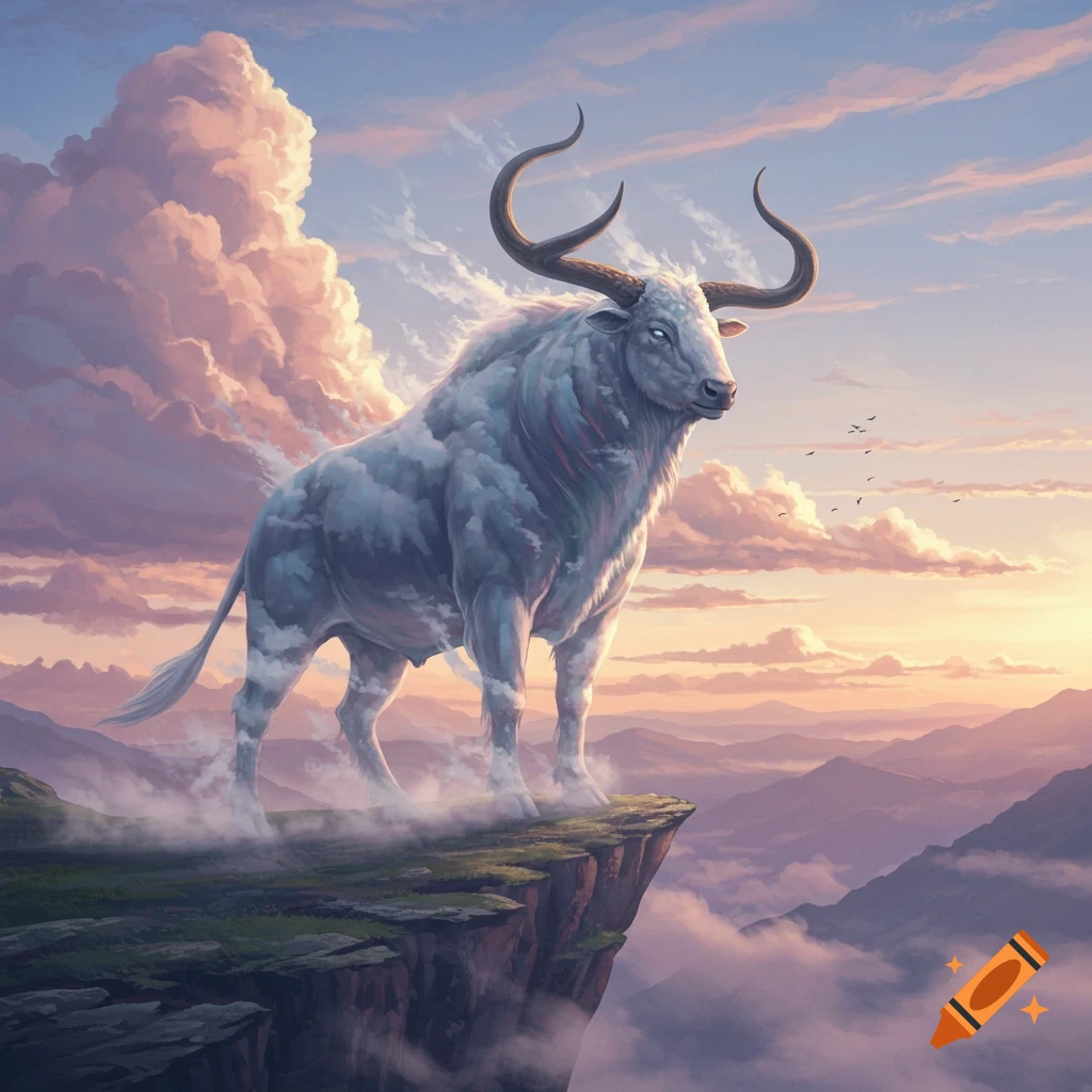 A majestic cloud Auroch with large horns stands on a cliff overlooking misty mountains at sunset.