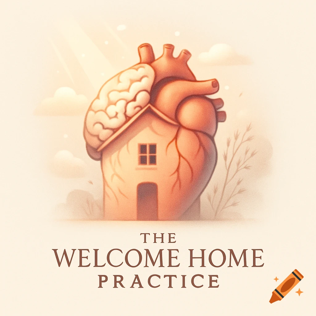 A surrealist logo featuring a human heart and brain merged into a house, with the text 'THE WELCOME HOME PRACTICE' below.