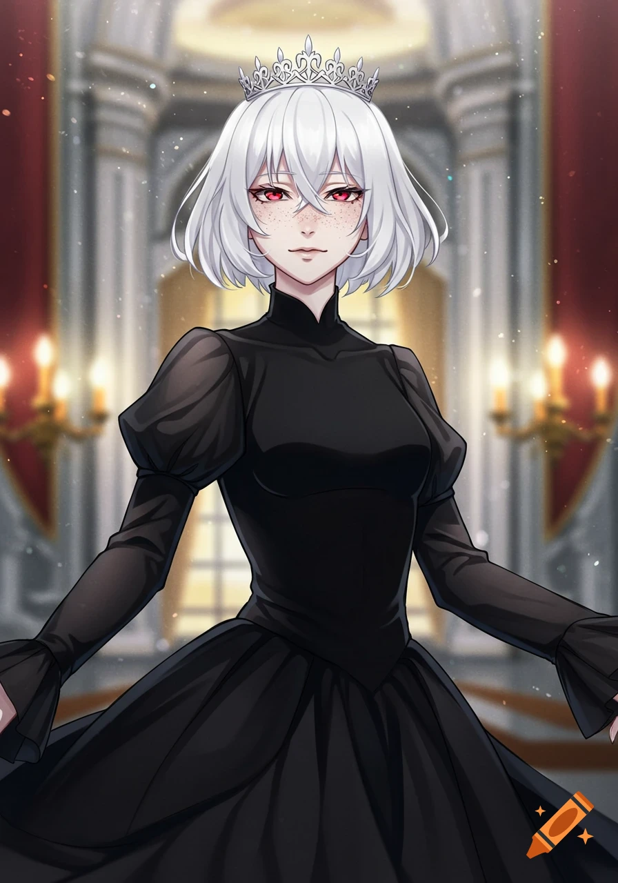A white-haired anime princess with red eyes and freckles wears a black gown and a silver crown in a grand hall.
