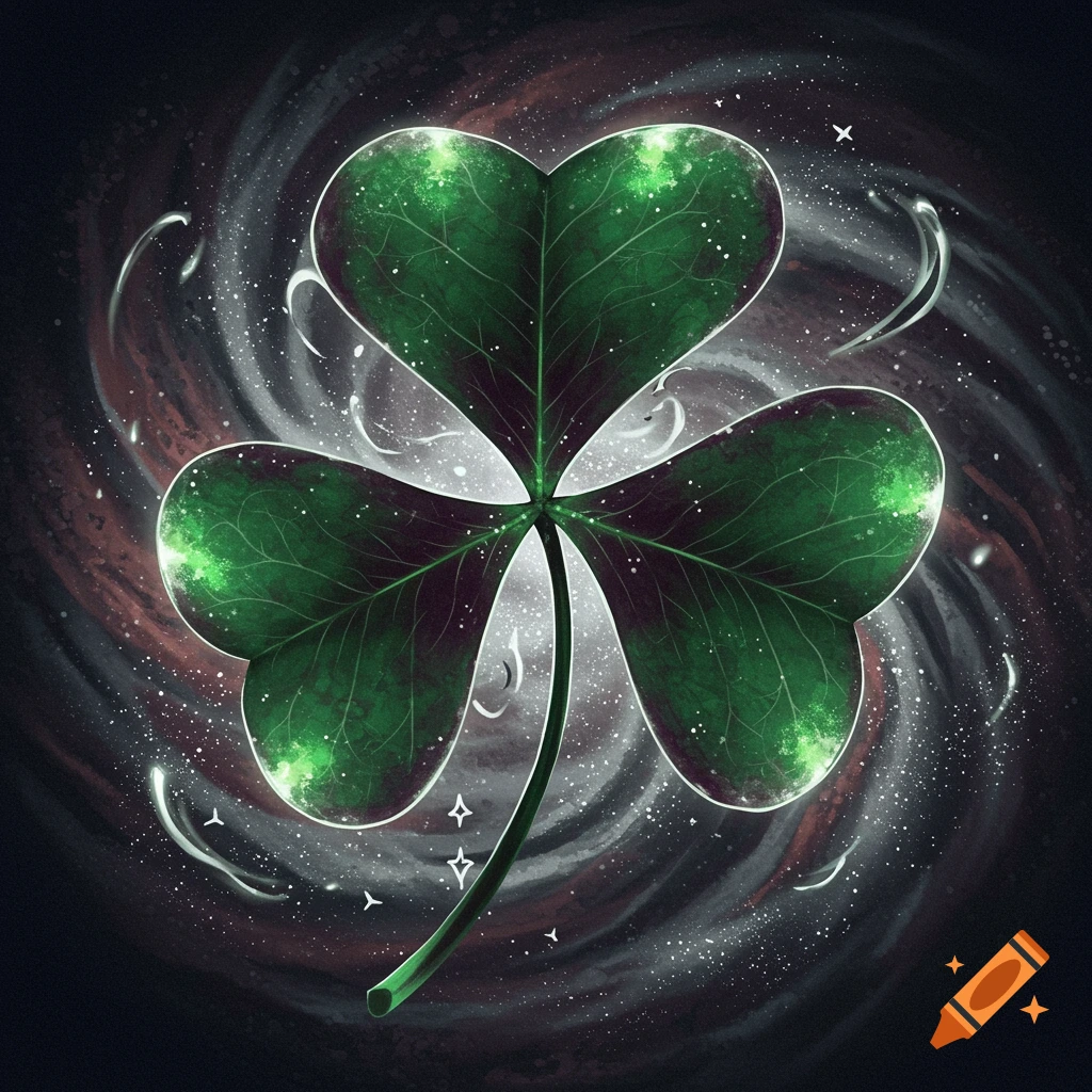 A glowing green three-leaf clover against a dark, swirling galaxy background filled with sparkling stars.