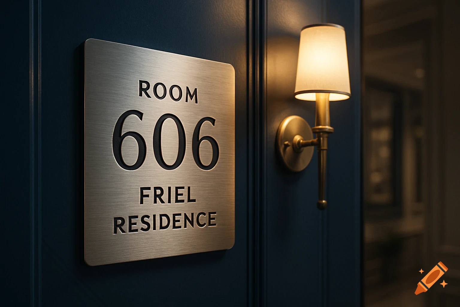 A close-up of a brushed metal room sign that reads "ROOM 606 FRIEL RESIDENCE" next to a glowing wall sconce on a dark blue door.