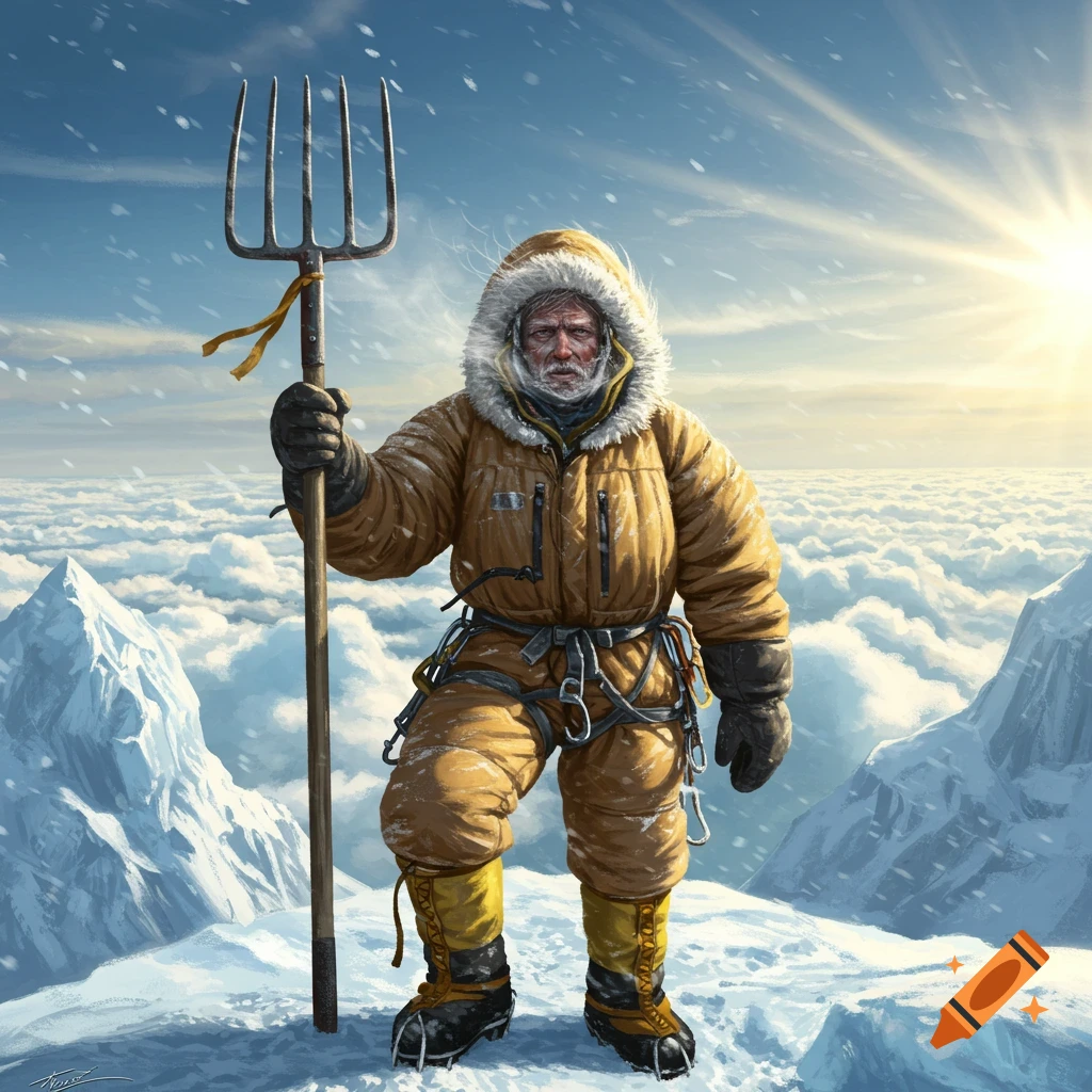 An old mountaineer in a heavy winter suit stands on a snowy peak, holding a large pitchfork above clouds, under a bright sun.