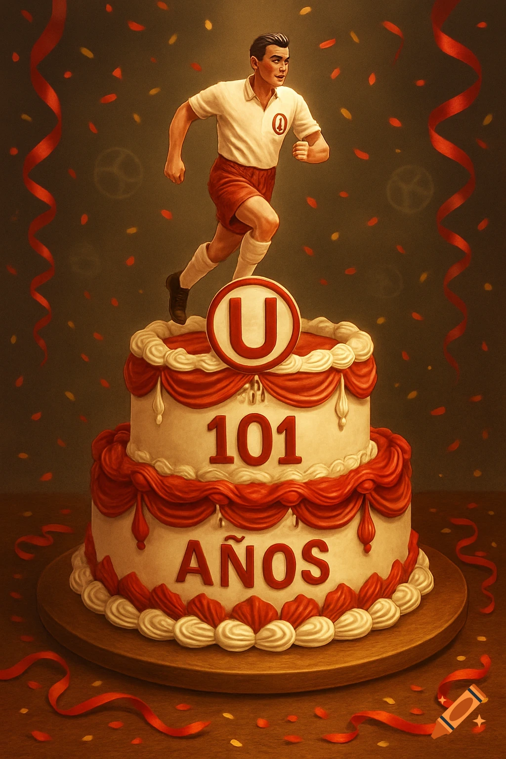 Illustrated football player running on a two-tier cream and red cake decorated with 'U' logo, '101 AÑOS', confetti, and ribbons.