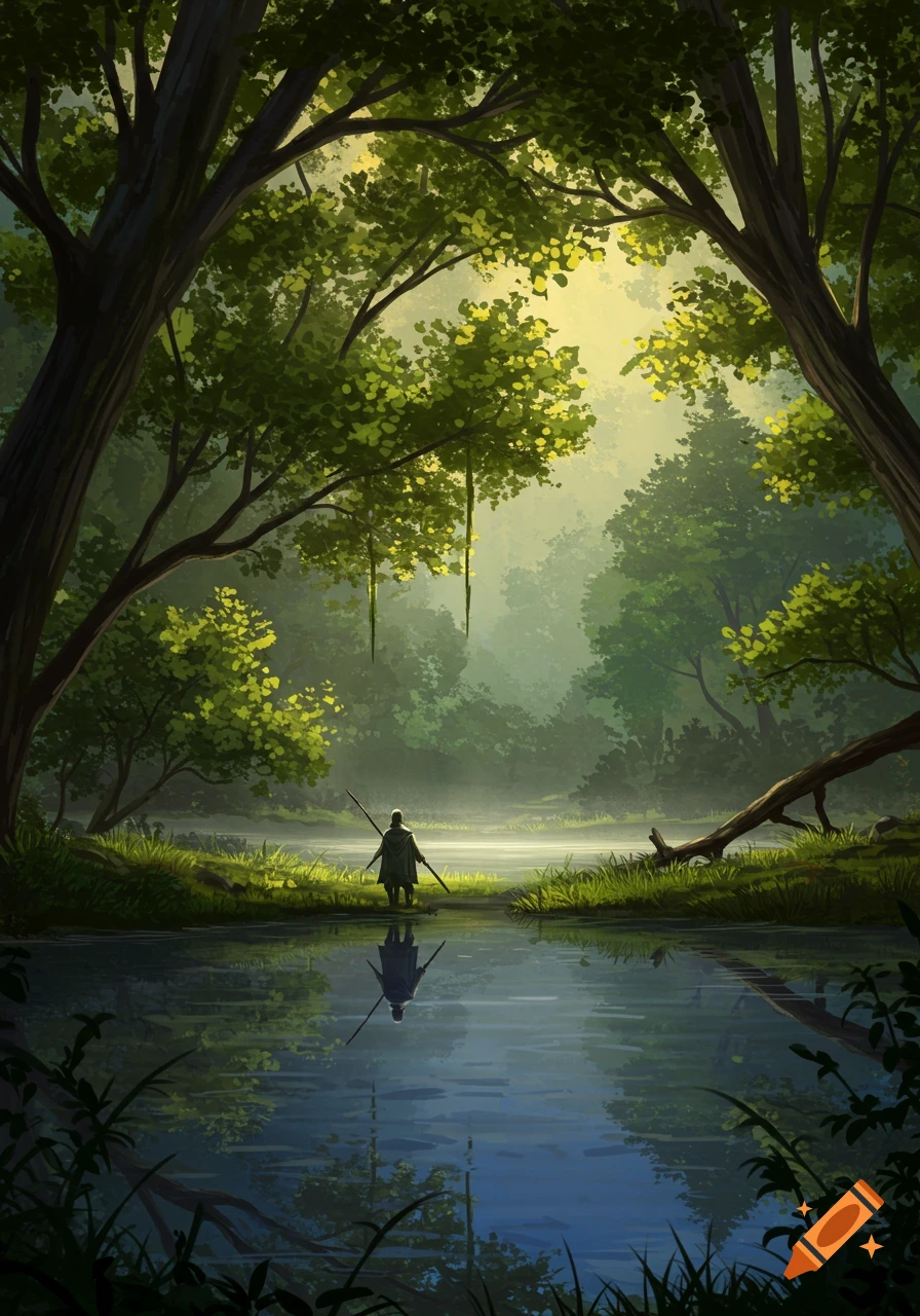 A lone figure with a staff stands by a reflective lake, framed by large trees in a mystical forest. Digital painting.