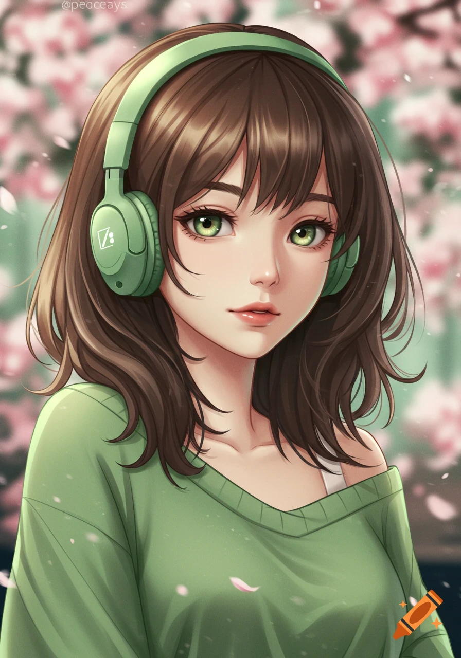 An anime portrait of a young woman with brown hair and green eyes, wearing a sage green sweater and light green headphones, with cherry blossoms in the blurred background.
