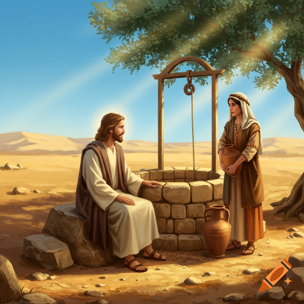 Jesus and the Samaritan woman at a well in a desert landscape, in an illustrated style.