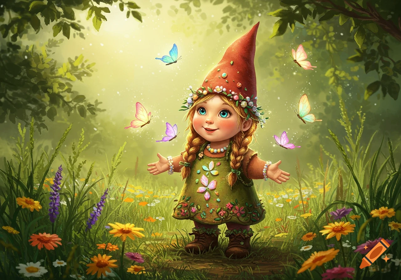 A cute girl gnome with braids and a red hat stands in a vibrant flower field, surrounded by colorful butterflies in a sunny forest.