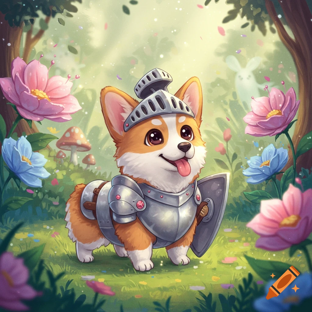 A cute cartoon corgi wearing knight's armor and helmet, holding a shield, stands in a vibrant magical forest with large colorful flowers and mushrooms.